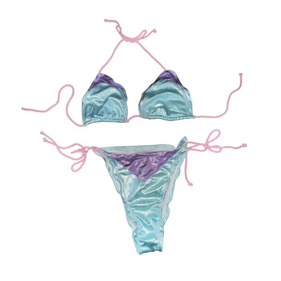 XL‎ Shiny Triangle Bikini Set Blue Purple Mermaid Sexy Y2K Swimwear Ariel Beach - Picture 7 of 7